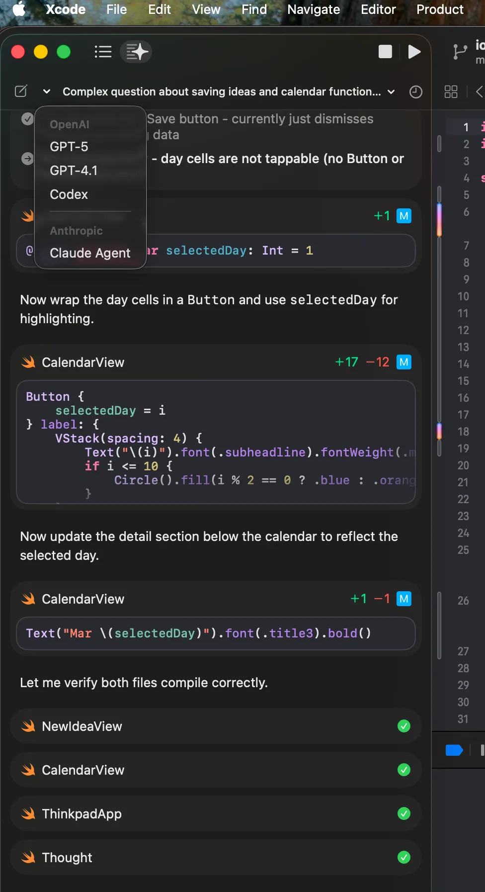 screenshot of claude in xcode